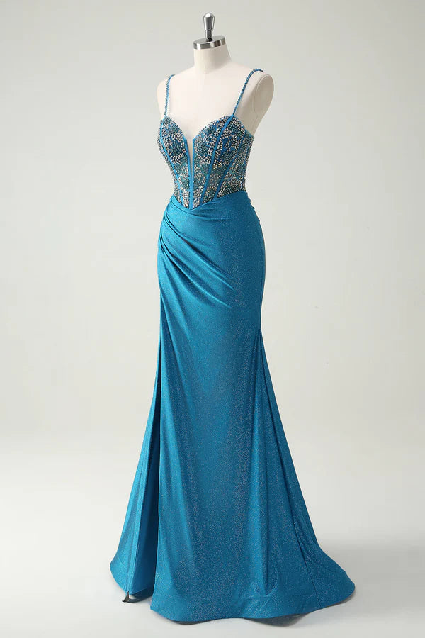 Sparkly Blue Spaghetti Straps V-Neck Ruched Long Prom Dress with Beading simple gentle atmospheric and unique desi Bring summer colors to enhance whiteness
