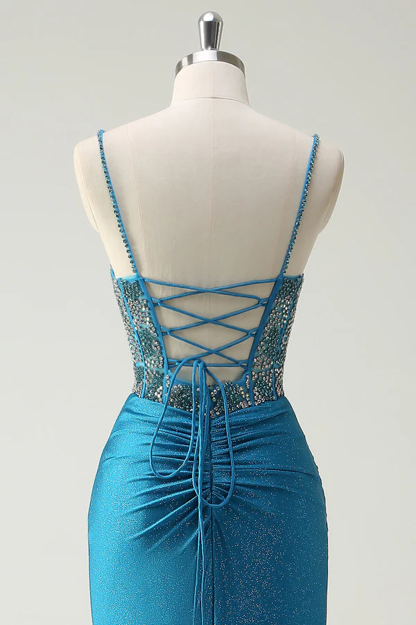 Sparkly Blue Spaghetti Straps V-Neck Ruched Long Prom Dress with Beading simple gentle atmospheric and unique desi Bring summer colors to enhance whiteness