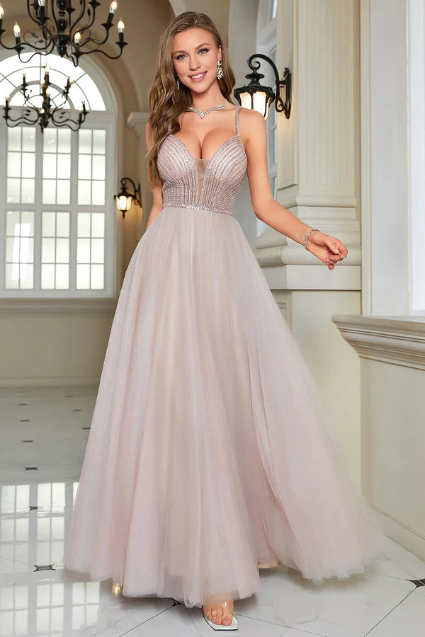 Sparkly Blush Beaded A-Line Long Formal Dress Simple gentle atmospheric and unique desi