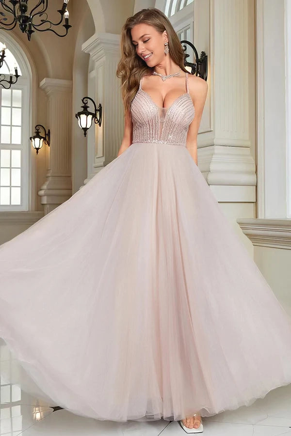 Sparkly Blush Beaded A-Line Long Formal Dress Simple gentle atmospheric and unique desi