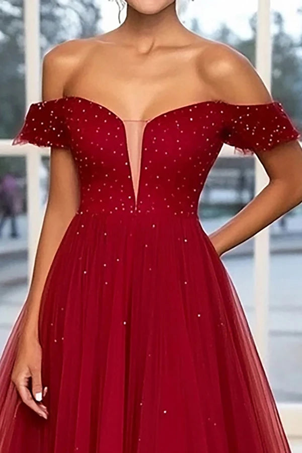 Sparkly Burgundy Ball Gown Off the Shoulder Tulle Long Prom Dress with Beading simple gentle atmospheric and unique desi Bring summer colors to enhance whiteness