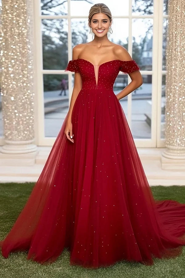 Sparkly Burgundy Ball Gown Off the Shoulder Tulle Long Prom Dress with Beading simple gentle atmospheric and unique desi Bring summer colors to enhance whiteness