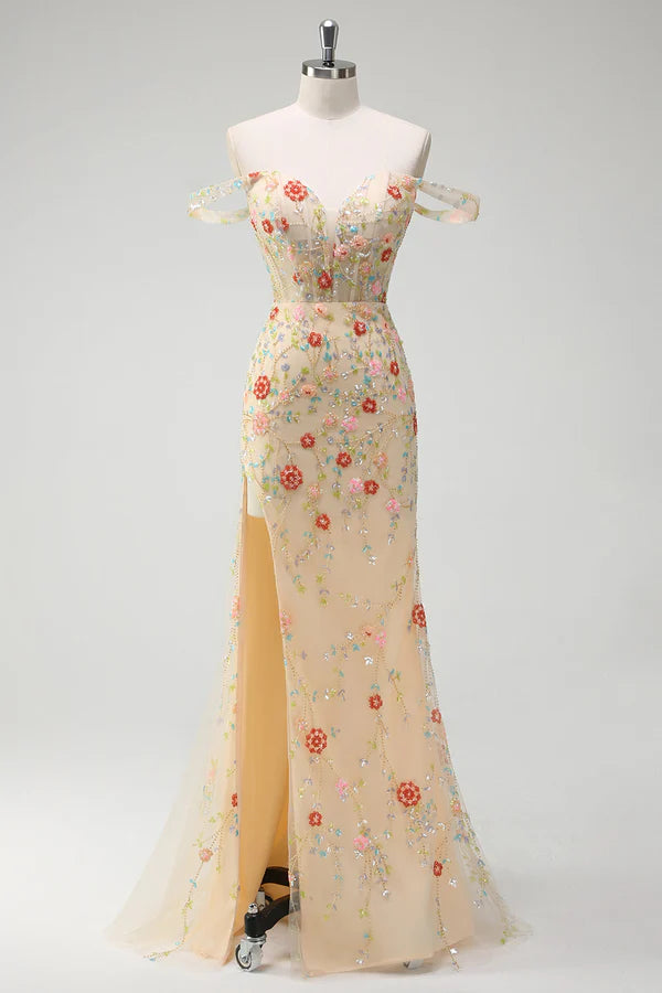 Sparkly Champagne Mermaid Off the Shoulder Floral Corset Long Prom Dress with Slit simple gentle atmospheric and unique desi Bring summer colors to enhance whiteness