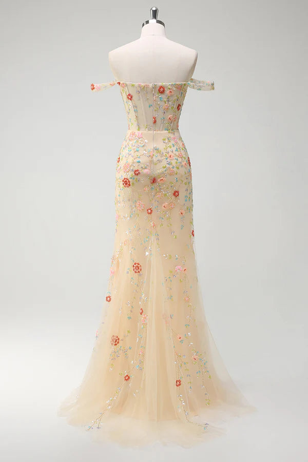 Sparkly Champagne Mermaid Off the Shoulder Floral Corset Long Prom Dress with Slit simple gentle atmospheric and unique desi Bring summer colors to enhance whiteness