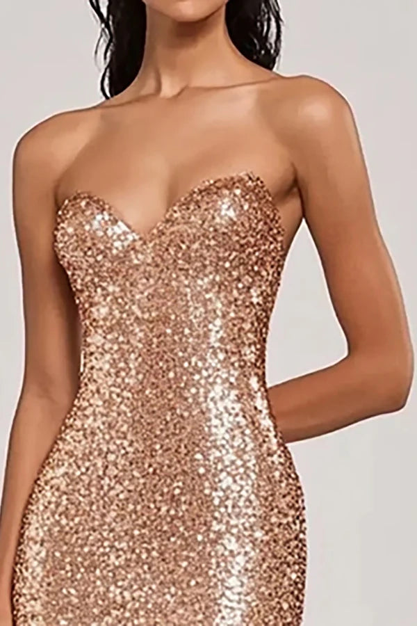 Sparkly Champagne Mermaid Strapless Sequins Long Prom Dress with Slit simple gentle atmospheric and unique desi Bring summer colors to enhance whiteness