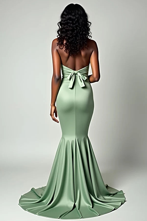 Dusty Sage Matte Satin Mermaid Strapless Long Prom Dress simple gentle atmospheric and unique desi Bring summer colors to enhance whiteness