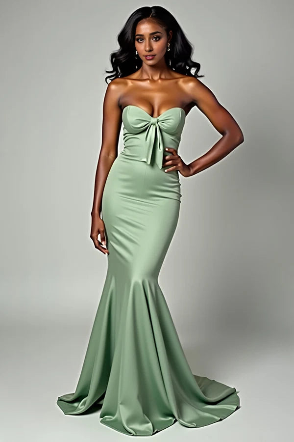 Dusty Sage Matte Satin Mermaid Strapless Long Prom Dress simple gentle atmospheric and unique desi Bring summer colors to enhance whiteness