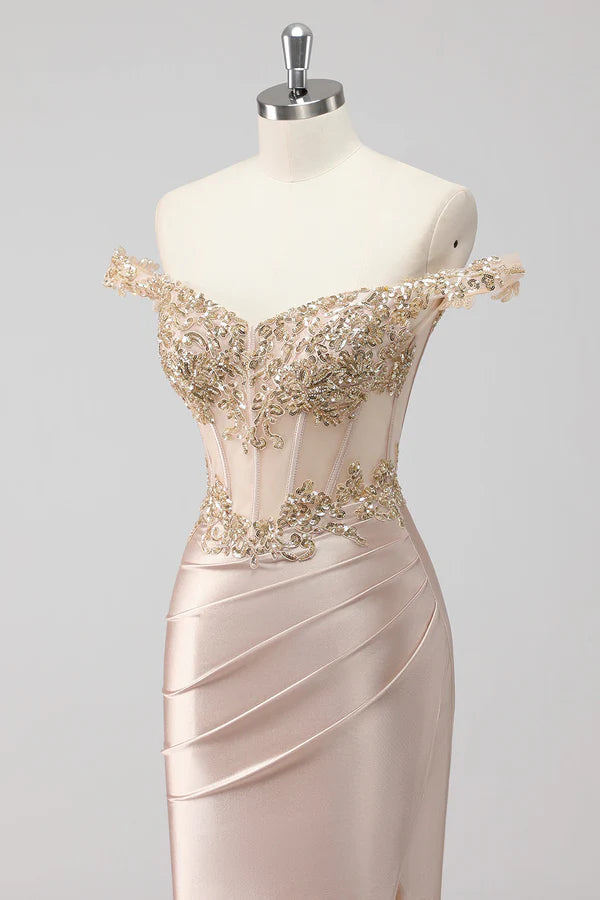 Sparkly Champagne Off the Shoulder Corset Appliqued Prom Dress with Slit simple gentle atmospheric and unique desi Bring summer colors to enhance whiteness