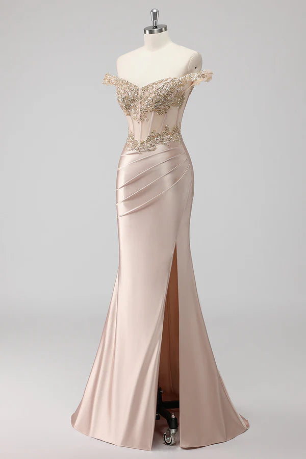 Sparkly Champagne Off the Shoulder Corset Appliqued Prom Dress with Slit simple gentle atmospheric and unique desi Bring summer colors to enhance whiteness