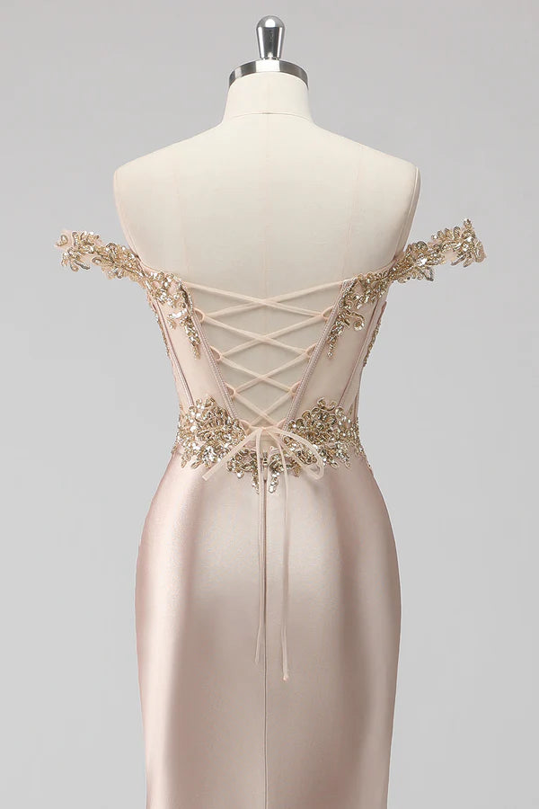 Sparkly Champagne Off the Shoulder Corset Appliqued Prom Dress with Slit simple gentle atmospheric and unique desi Bring summer colors to enhance whiteness