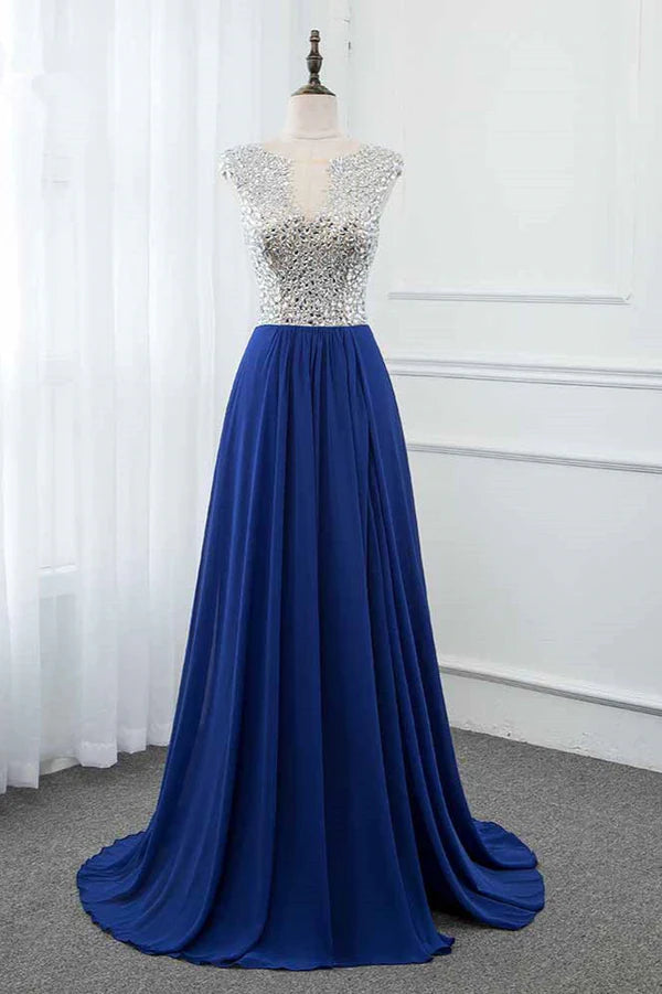 Sparkly Chffon V-Neck Front Slit Royal Blue Prom Dresses with Beading Top Simple gentle atmospheric and unique design