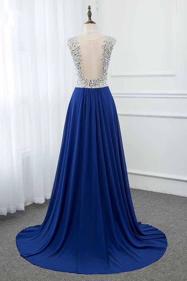 Sparkly Chffon V-Neck Front Slit Royal Blue Prom Dresses with Beading Top Simple gentle atmospheric and unique design