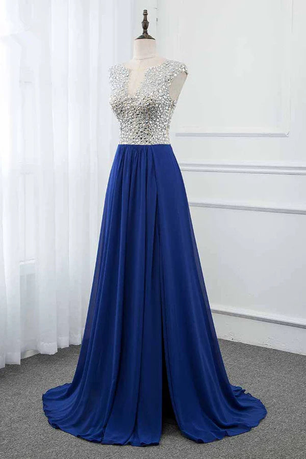 Sparkly Chffon V-Neck Front Slit Royal Blue Prom Dresses with Beading Top Simple gentle atmospheric and unique design