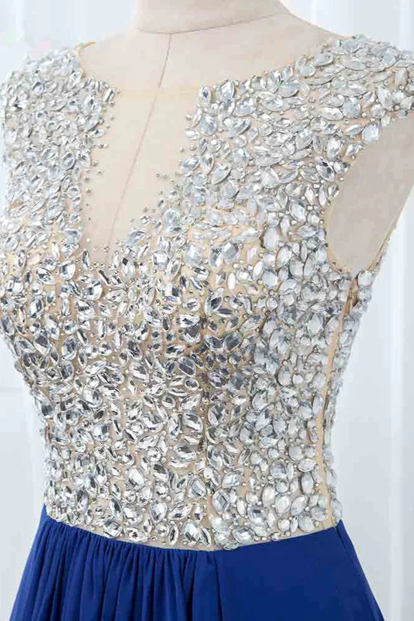 Sparkly Chffon V-Neck Front Slit Royal Blue Prom Dresses with Beading Top Simple gentle atmospheric and unique design