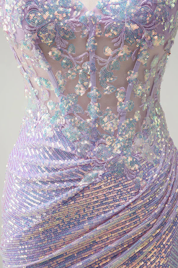Sparkly Corset Lilac Mermaid Spaghetti Straps Prom Dress with Slit simple gentle atmospheric and unique desi Bring summer colors to enhance whiteness