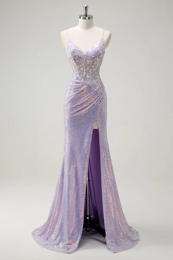 Sparkly Corset Lilac Mermaid Spaghetti Straps Prom Dress with Slit simple gentle atmospheric and unique desi Bring summer colors to enhance whiteness