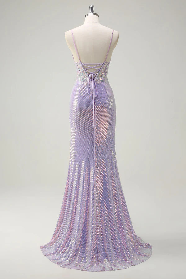 Sparkly Corset Lilac Mermaid Spaghetti Straps Prom Dress with Slit simple gentle atmospheric and unique desi Bring summer colors to enhance whiteness