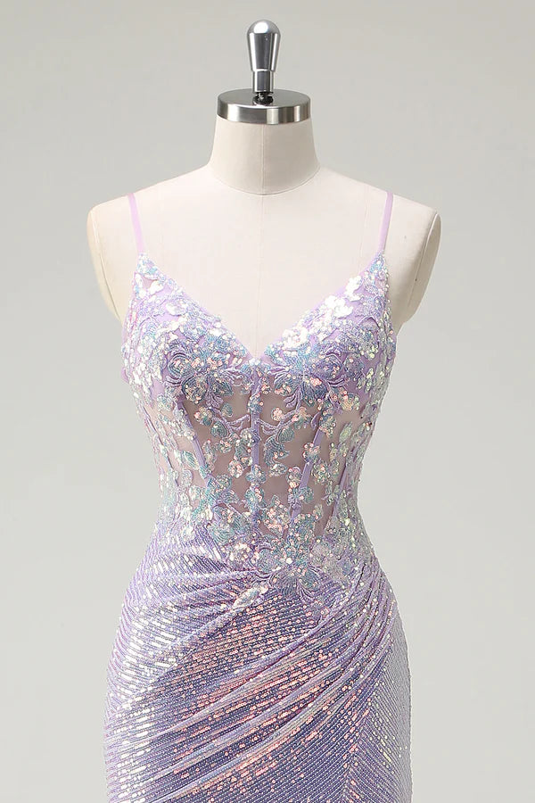 Sparkly Corset Lilac Mermaid Spaghetti Straps Prom Dress with Slit simple gentle atmospheric and unique desi Bring summer colors to enhance whiteness