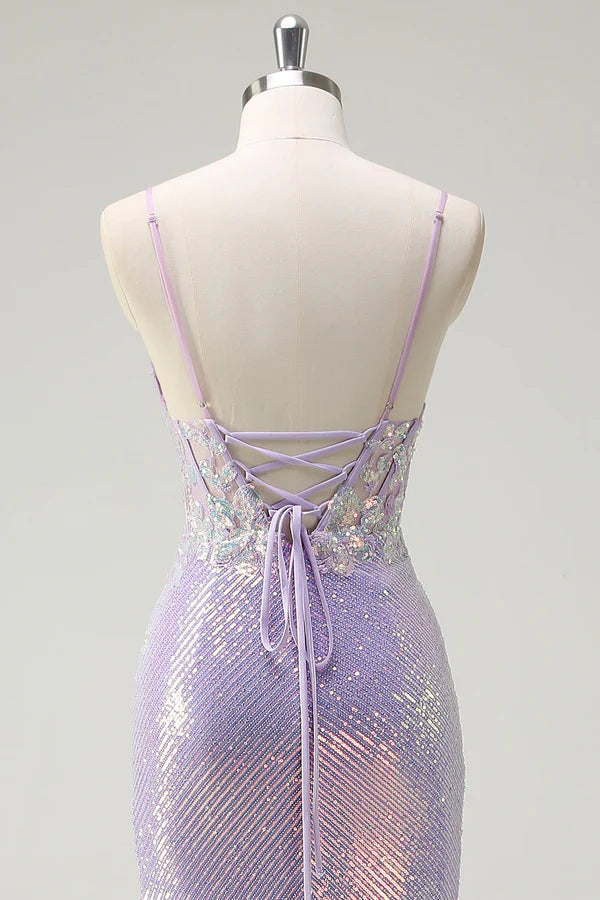 Sparkly Corset Lilac Mermaid Spaghetti Straps Prom Dress with Slit simple gentle atmospheric and unique desi Bring summer colors to enhance whiteness
