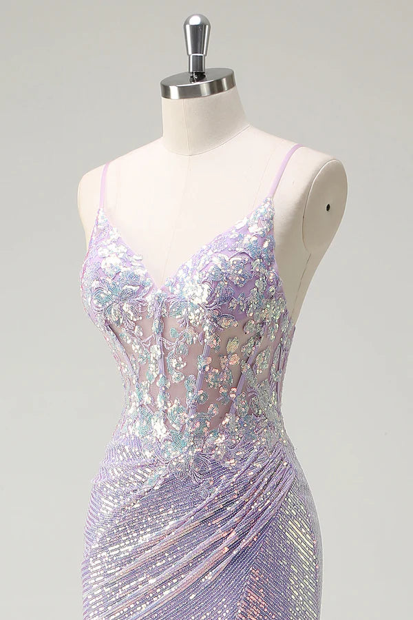 Sparkly Corset Lilac Mermaid Spaghetti Straps Prom Dress with Slit simple gentle atmospheric and unique desi Bring summer colors to enhance whiteness