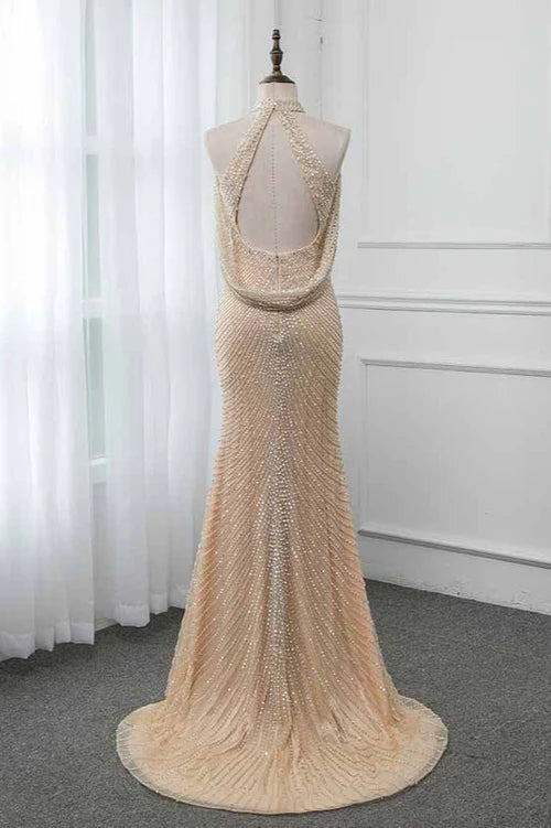 Sparkly Crystals High-Neck Prom Dresses with Front Slit Simple gentle atmospheric and unique design