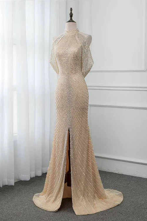 Sparkly Crystals High-Neck Prom Dresses with Front Slit Simple gentle atmospheric and unique design