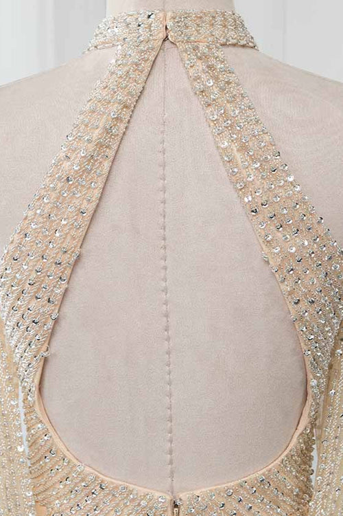 Sparkly Crystals High-Neck Prom Dresses with Front Slit Simple gentle atmospheric and unique design