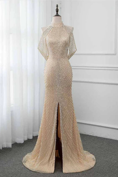 Sparkly Crystals High-Neck Prom Dresses with Front Slit Simple gentle atmospheric and unique design