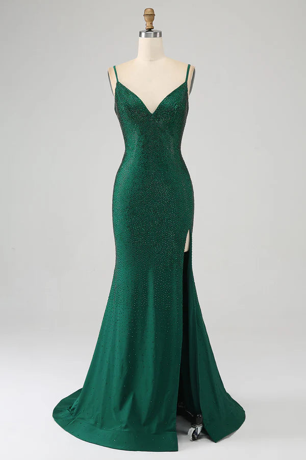 Sparkly Dark Green Beaded Long Mermaid Prom Dress with Slit simple gentle atmospheric and unique desi