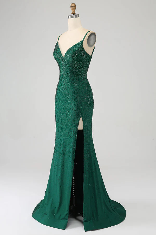 Sparkly Dark Green Beaded Long Mermaid Prom Dress with Slit simple gentle atmospheric and unique desi