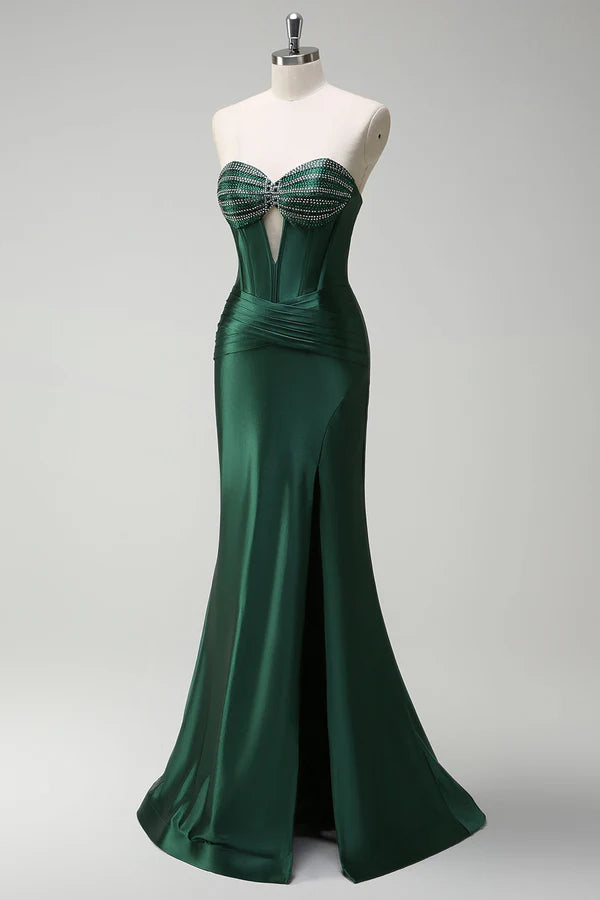 Sparkly Dark Green Mermaid Beaded Corset Satin Long Prom Dress with Slit simple gentle atmospheric and unique desi