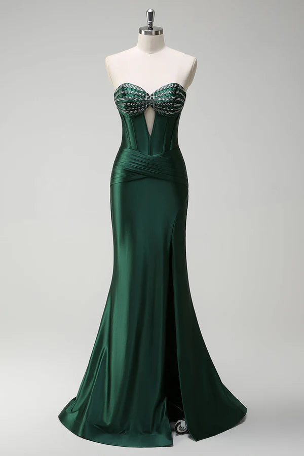 Sparkly Dark Green Mermaid Beaded Corset Satin Long Prom Dress with Slit simple gentle atmospheric and unique desi