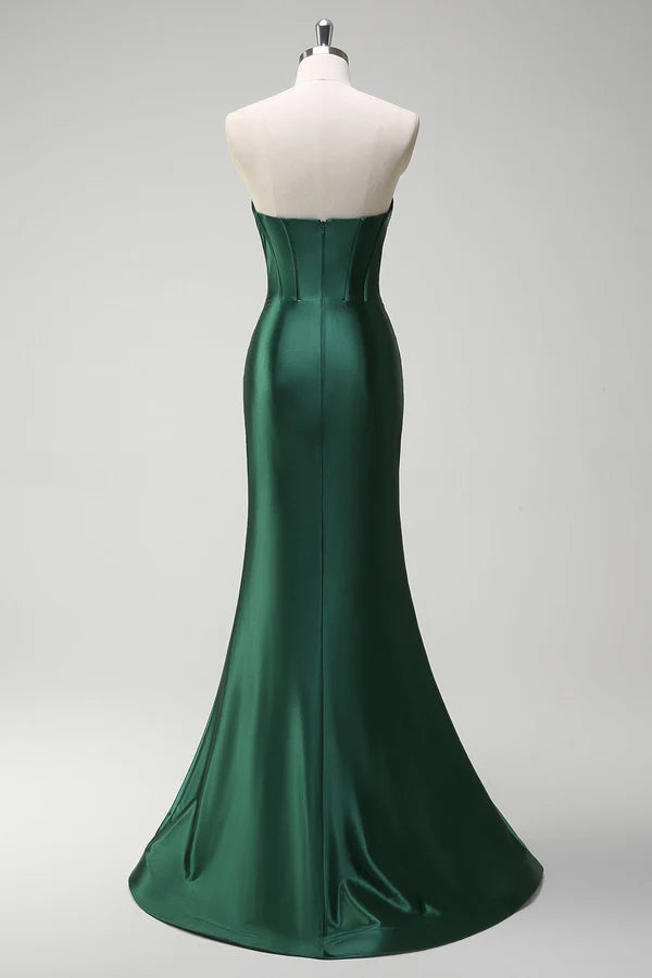 Sparkly Dark Green Mermaid Beaded Corset Satin Long Prom Dress with Slit simple gentle atmospheric and unique desi