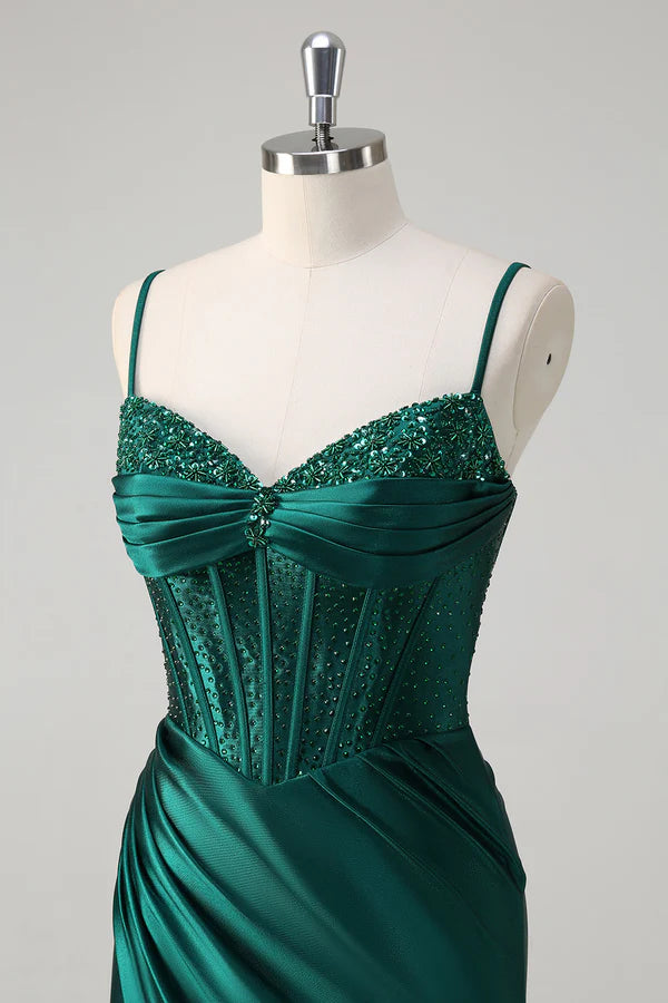 Sparkly Dark Green Mermaid Corset Beaded Long Prom Dress with Slit simple gentle atmospheric and unique desi