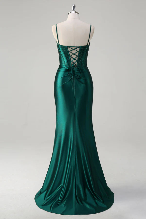 Sparkly Dark Green Mermaid Corset Beaded Long Prom Dress with Slit simple gentle atmospheric and unique desi
