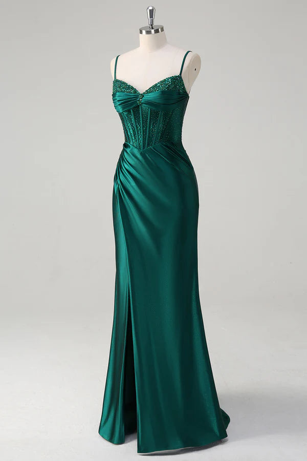 Sparkly Dark Green Mermaid Corset Beaded Long Prom Dress with Slit simple gentle atmospheric and unique desi