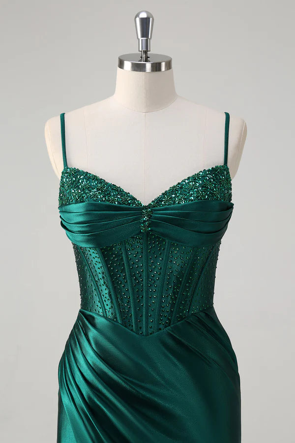 Sparkly Dark Green Mermaid Corset Beaded Long Prom Dress with Slit simple gentle atmospheric and unique desi