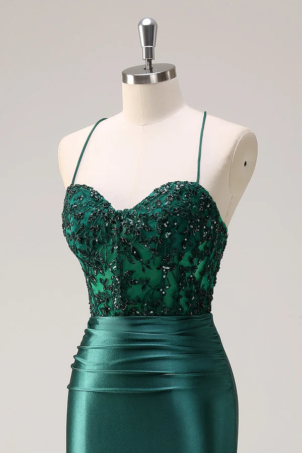 Sparkly Dark Green Mermaid Halter Corset Long Prom Dress With Slit simple gentle atmospheric and unique desi