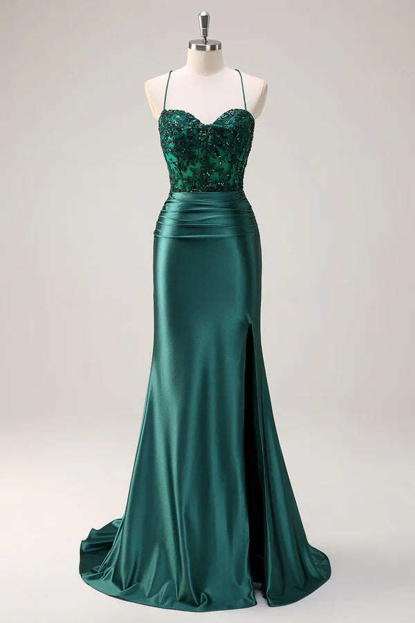 Sparkly Dark Green Mermaid Halter Corset Long Prom Dress With Slit simple gentle atmospheric and unique desi