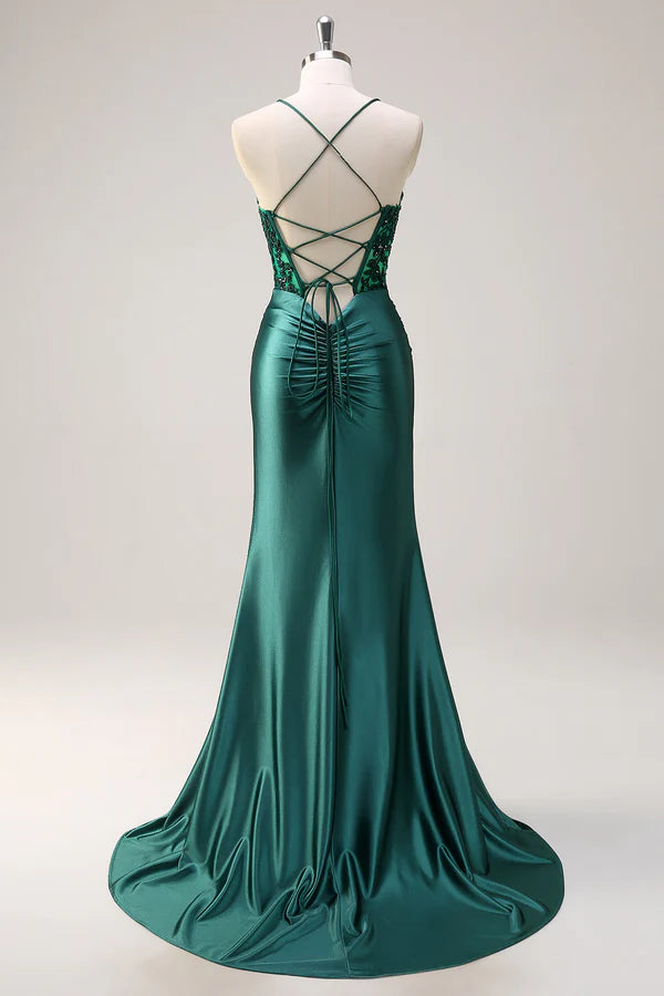 Sparkly Dark Green Mermaid Halter Corset Long Prom Dress With Slit simple gentle atmospheric and unique desi