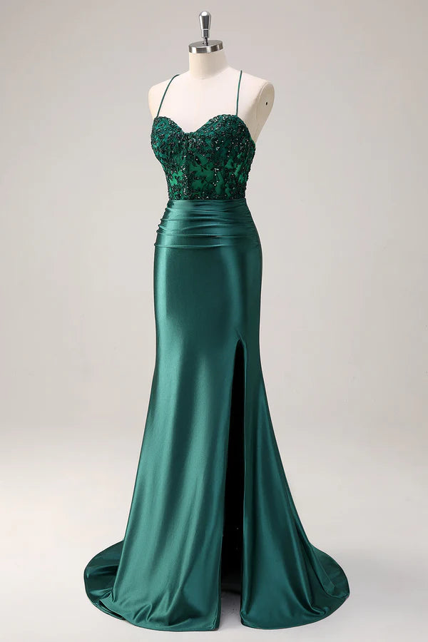 Sparkly Dark Green Mermaid Halter Corset Long Prom Dress With Slit simple gentle atmospheric and unique desi