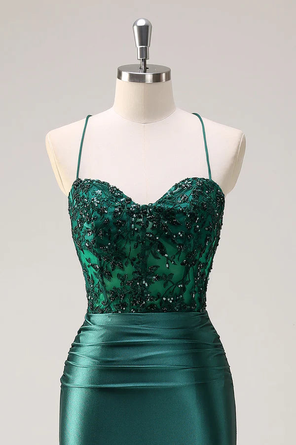 Sparkly Dark Green Mermaid Halter Corset Long Prom Dress With Slit simple gentle atmospheric and unique desi
