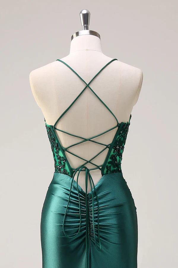 Sparkly Dark Green Mermaid Halter Corset Long Prom Dress With Slit simple gentle atmospheric and unique desi