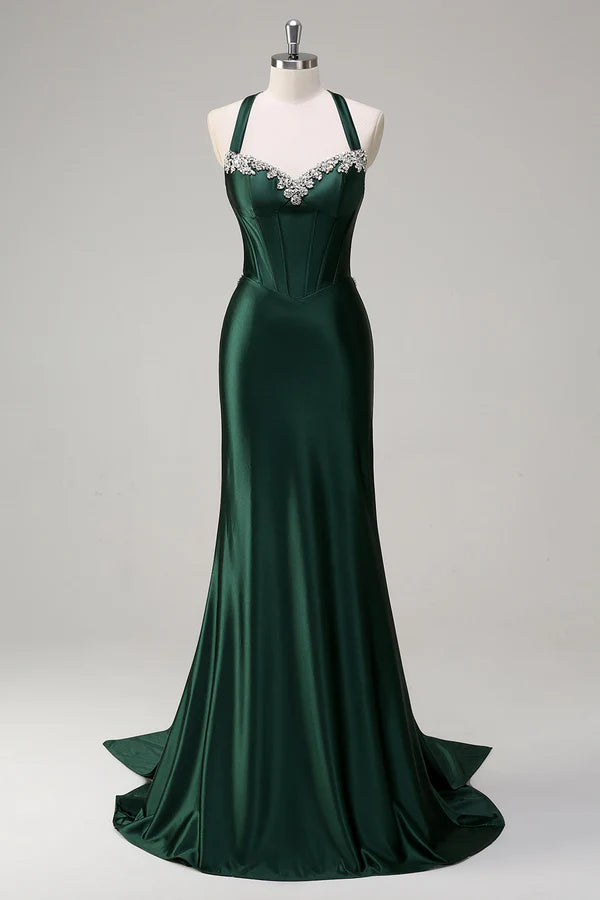 Sparkly Dark Green Mermaid Halter Corset Sequin Prom Dress simple gentle atmospheric and unique desi
