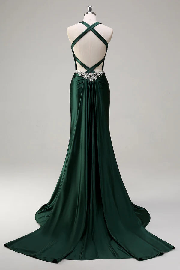 Sparkly Dark Green Mermaid Halter Corset Sequin Prom Dress simple gentle atmospheric and unique desi
