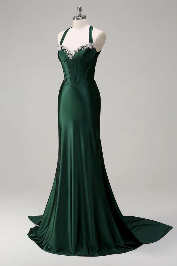 Sparkly Dark Green Mermaid Halter Corset Sequin Prom Dress simple gentle atmospheric and unique desi