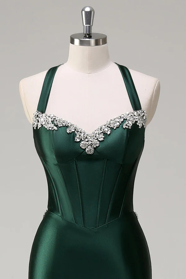 Sparkly Dark Green Mermaid Halter Corset Sequin Prom Dress simple gentle atmospheric and unique desi