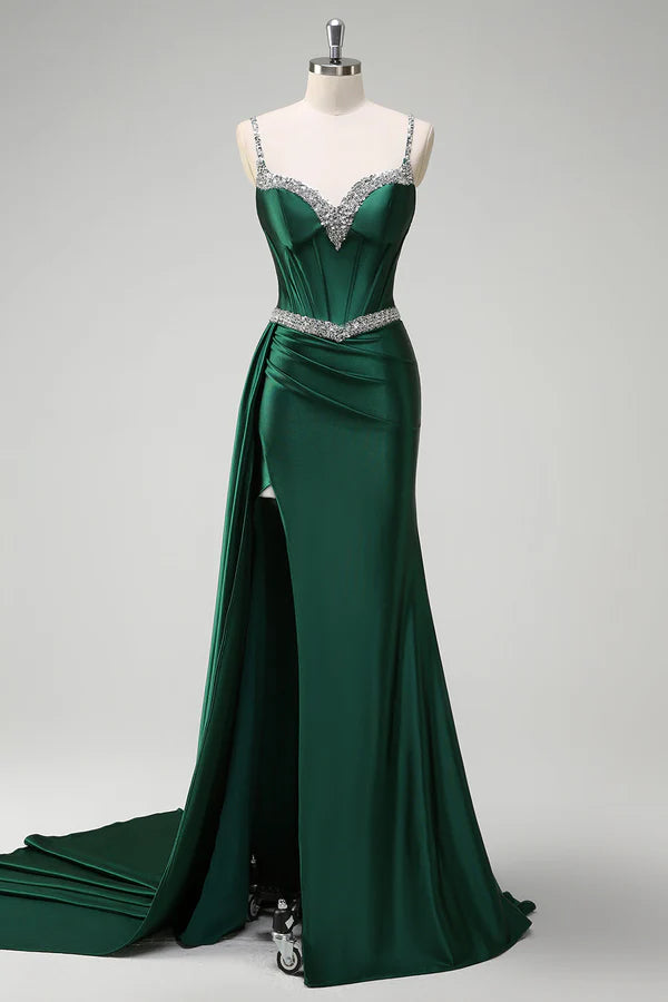 Sparkly Dark Green Mermaid Side Streamer Sequined Corset Satin Prom Dress with Slit simple gentle atmospheric and unique desi