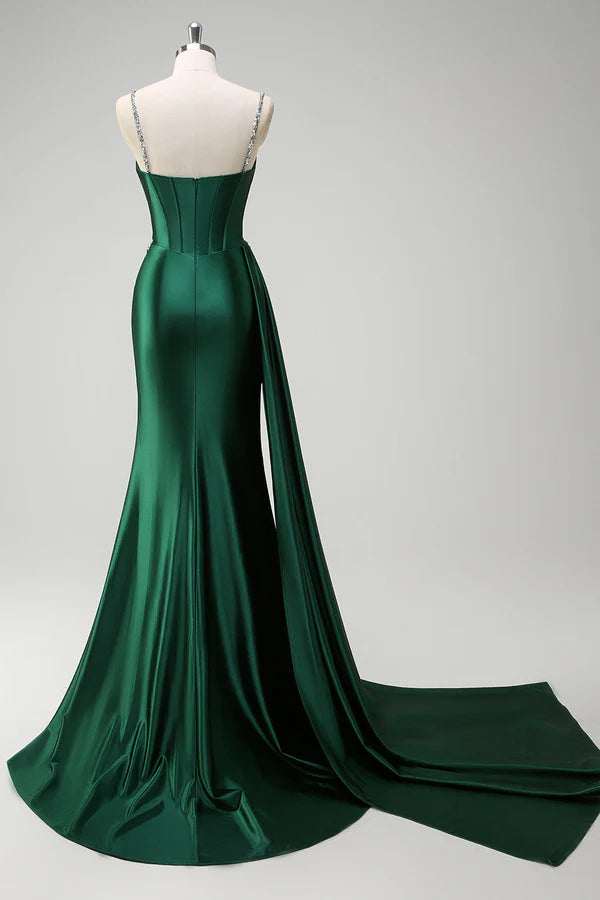 Sparkly Dark Green Mermaid Side Streamer Sequined Corset Satin Prom Dress with Slit simple gentle atmospheric and unique desi