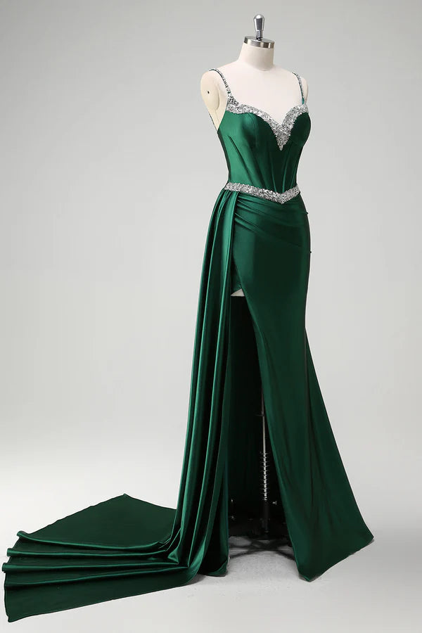 Sparkly Dark Green Mermaid Side Streamer Sequined Corset Satin Prom Dress with Slit simple gentle atmospheric and unique desi